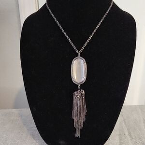 Kendra Scott "Rayne" Clear Mirror Crystal Pendant Tassel Necklace in Gunmetal.